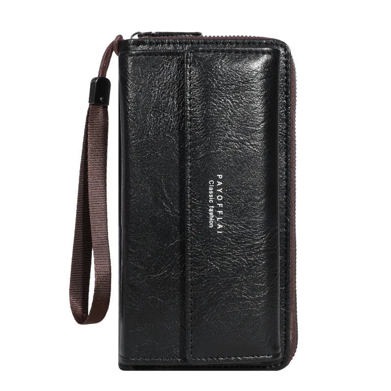 Men's brown PU bifold wallet with multiple card slots showing 19 cm length