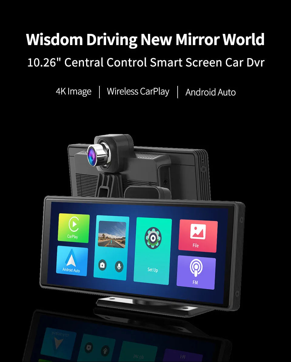 12-inch touchscreen car dash cam unit with front and rear camera recording on vehicle windscreen