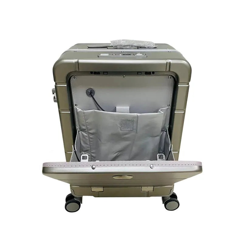 20-inch front opening hard-shell cabin suitcase in silver colour with visible cup holder and wet-dry separation zip.