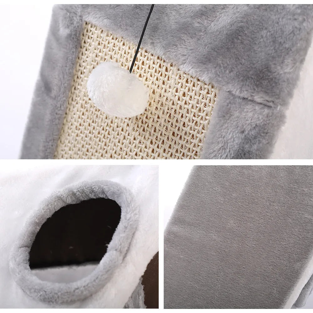 Triangle-shaped grey and white cat bed with sisal scratching sides and a soft plush sleeping area.