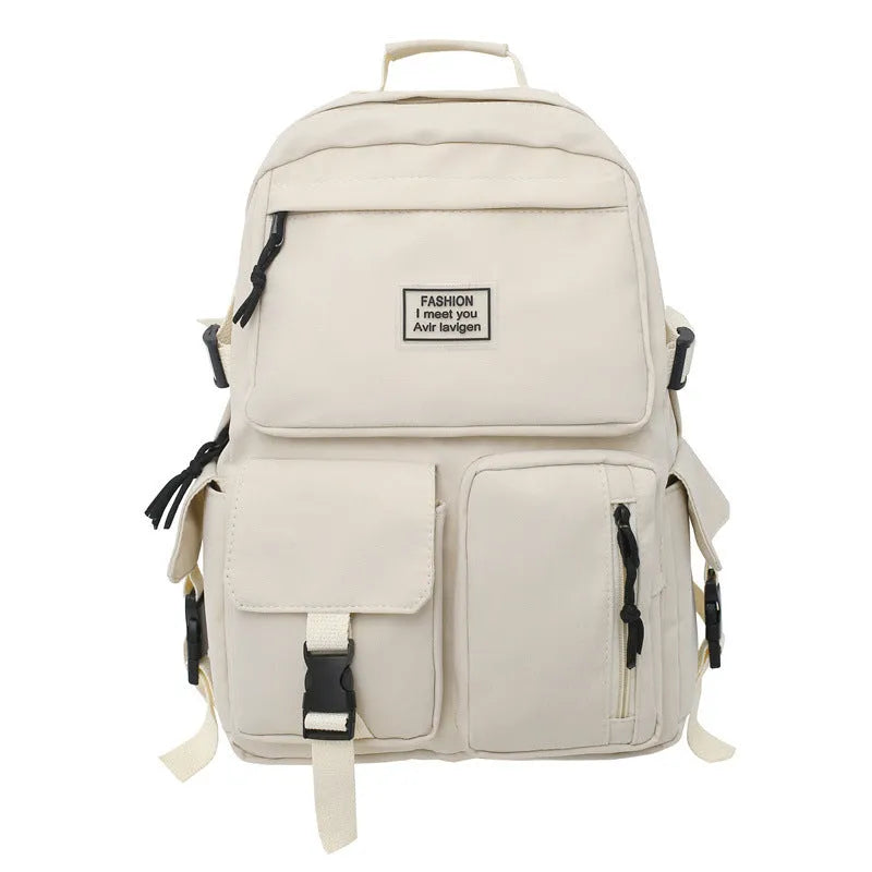 Black and white nylon student backpack with laptop compartment and external pockets