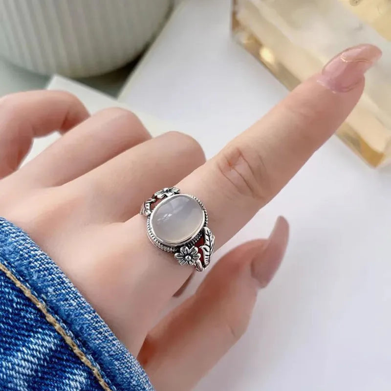 Copper adjustable opening ring with white chalcedony vintage finish and U-shaped design