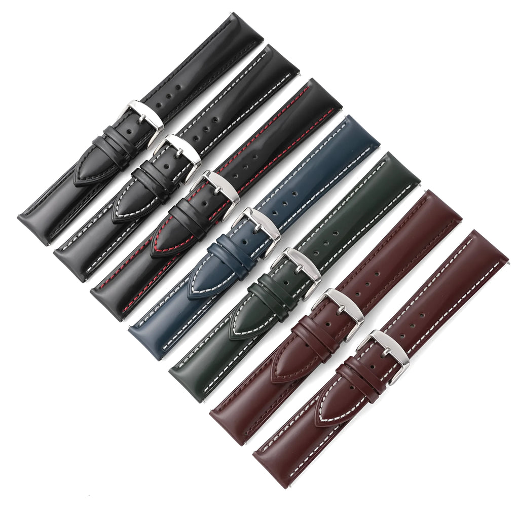 Quick release leather watch strap in bright cowhide available in multiple colours and widths