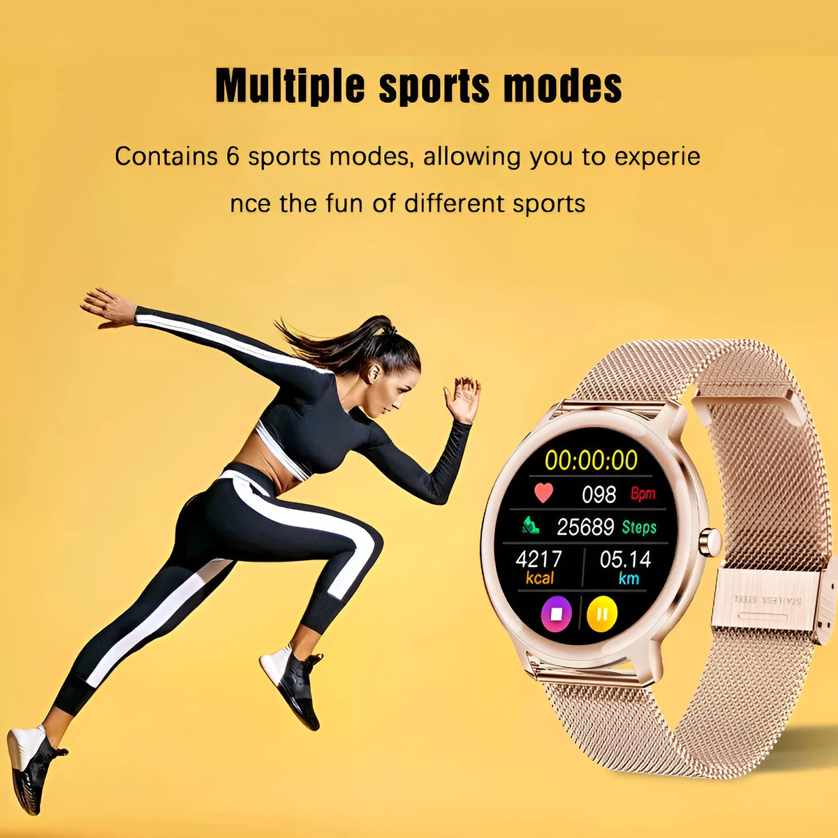 Women's stainless steel smart watch with 1.3-inch touch screen displayed in rose and silver colour variations