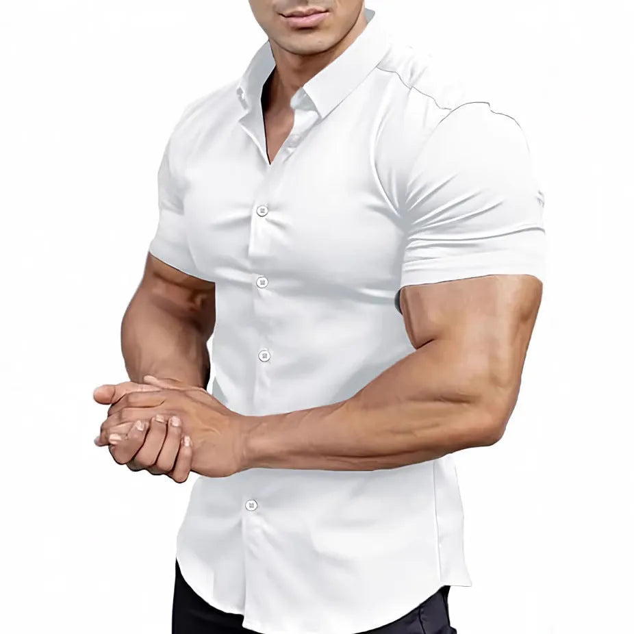 Men's short sleeve printed casual shirt with collar in cardigan style, available in multiple colours.