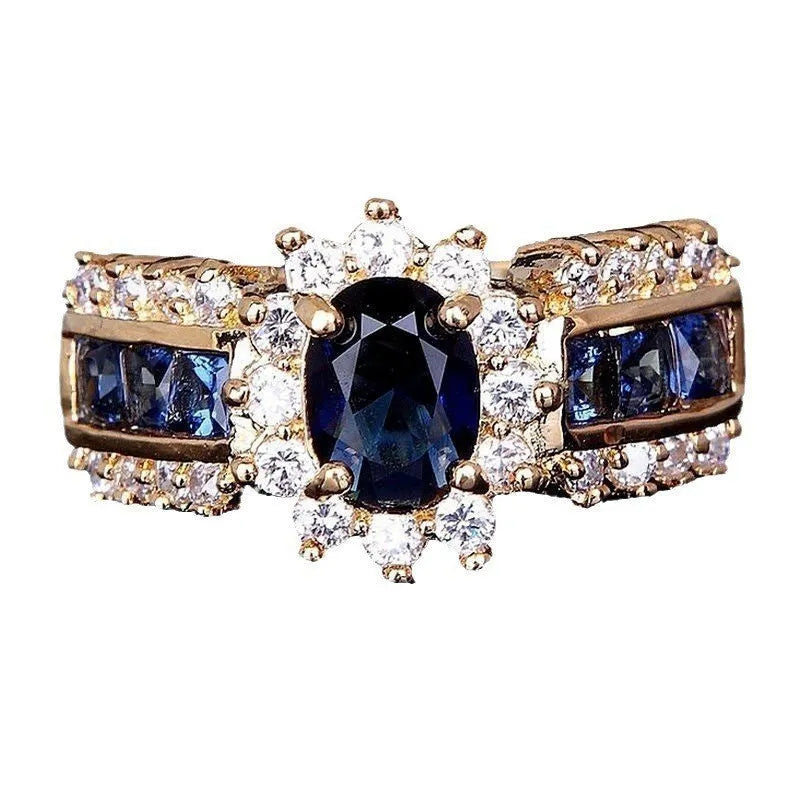 Personalised zinc alloy ring for men and women in a choice of three designs: sunflower blue diamond, square blue zircon, or square purple zircon.