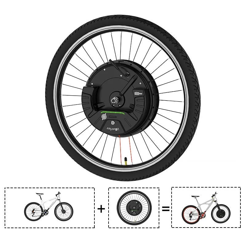 26-inch bicycle wheel electric conversion kit showing alloy hub motor, lithium battery, and 5A charger.