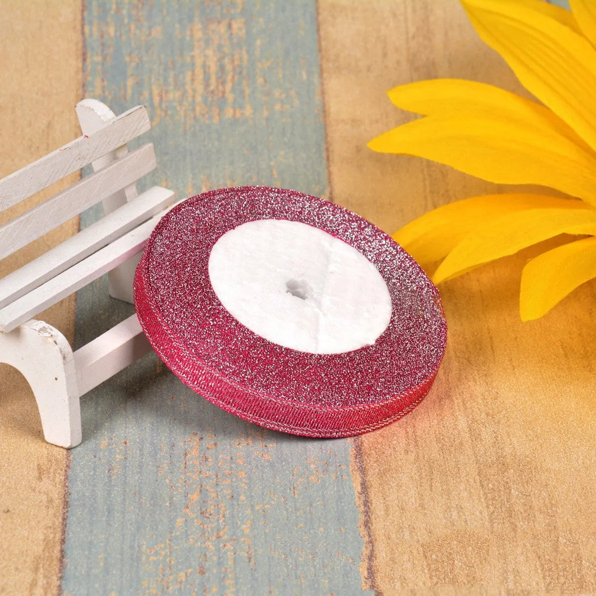 3 points polyester ribbon with colourful green onion pattern and metallic wire accents on 25-yard spool