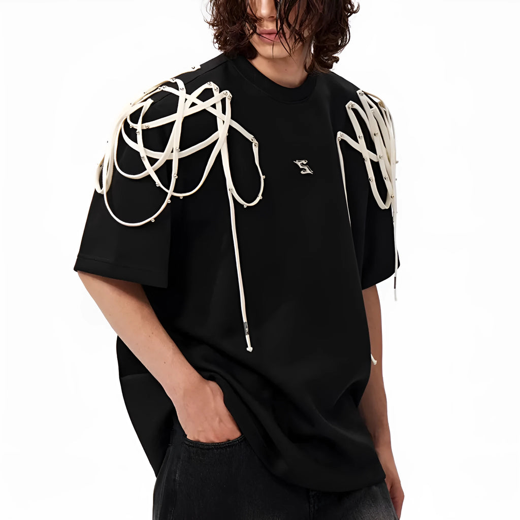 Black short-sleeved t-shirt with padded shoulders and rivet ribbon detail in loose fit round neck style