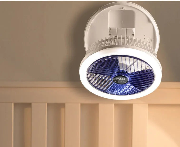 Blue foldable table fan with LED light showing 300° rotation angle and pen holder design