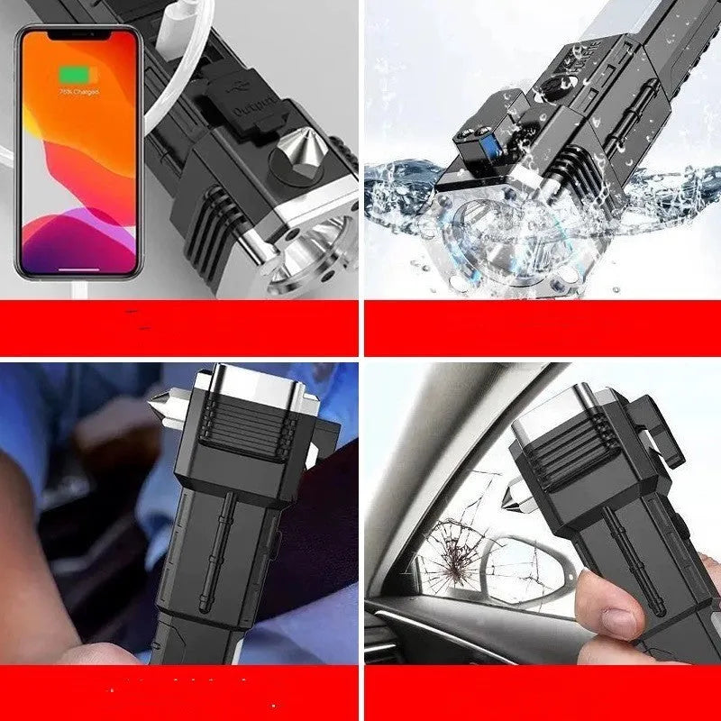 Silver portable LED flashlight with integrated power bank charging function.