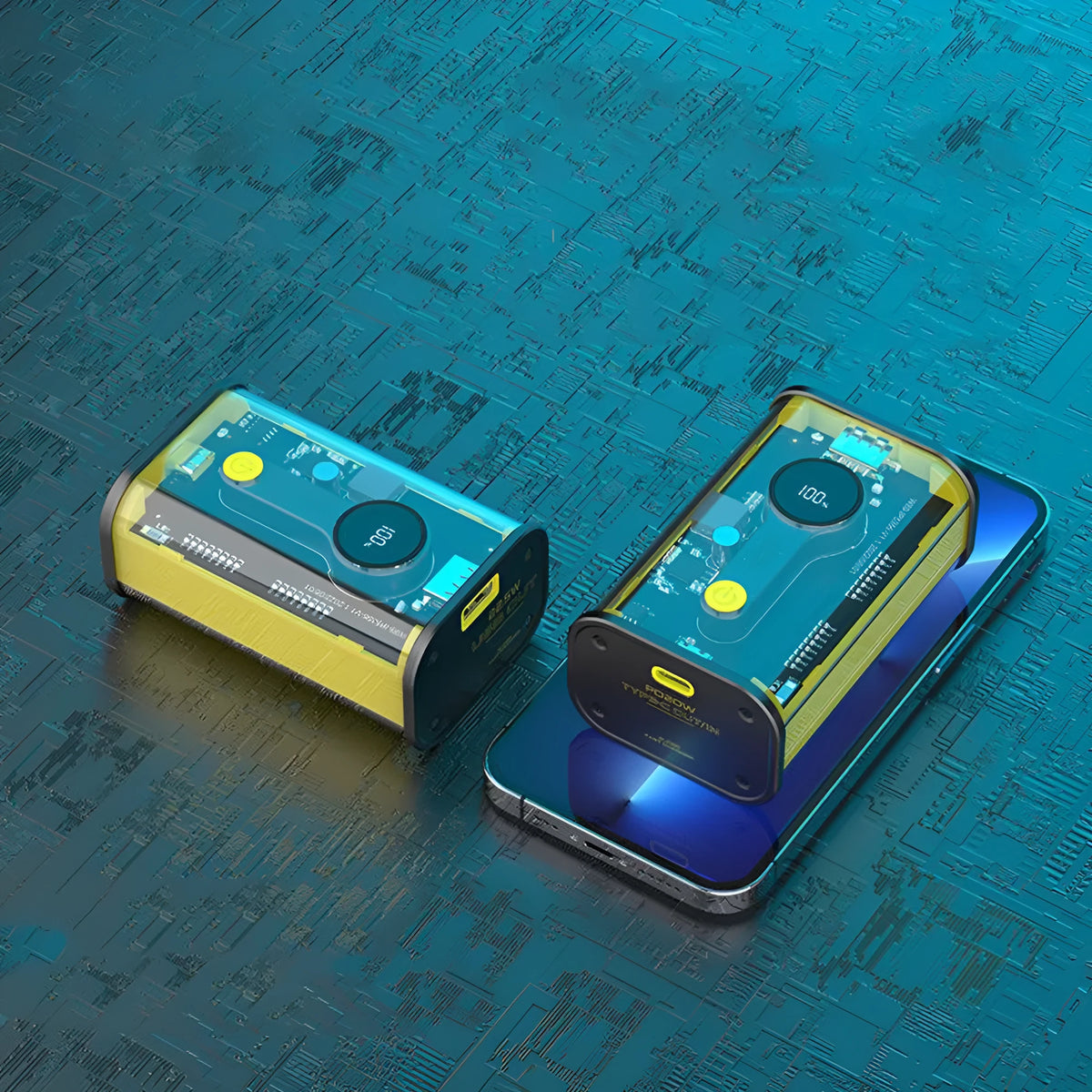 Transparent industrial power bank showing internal aluminum case and battery components