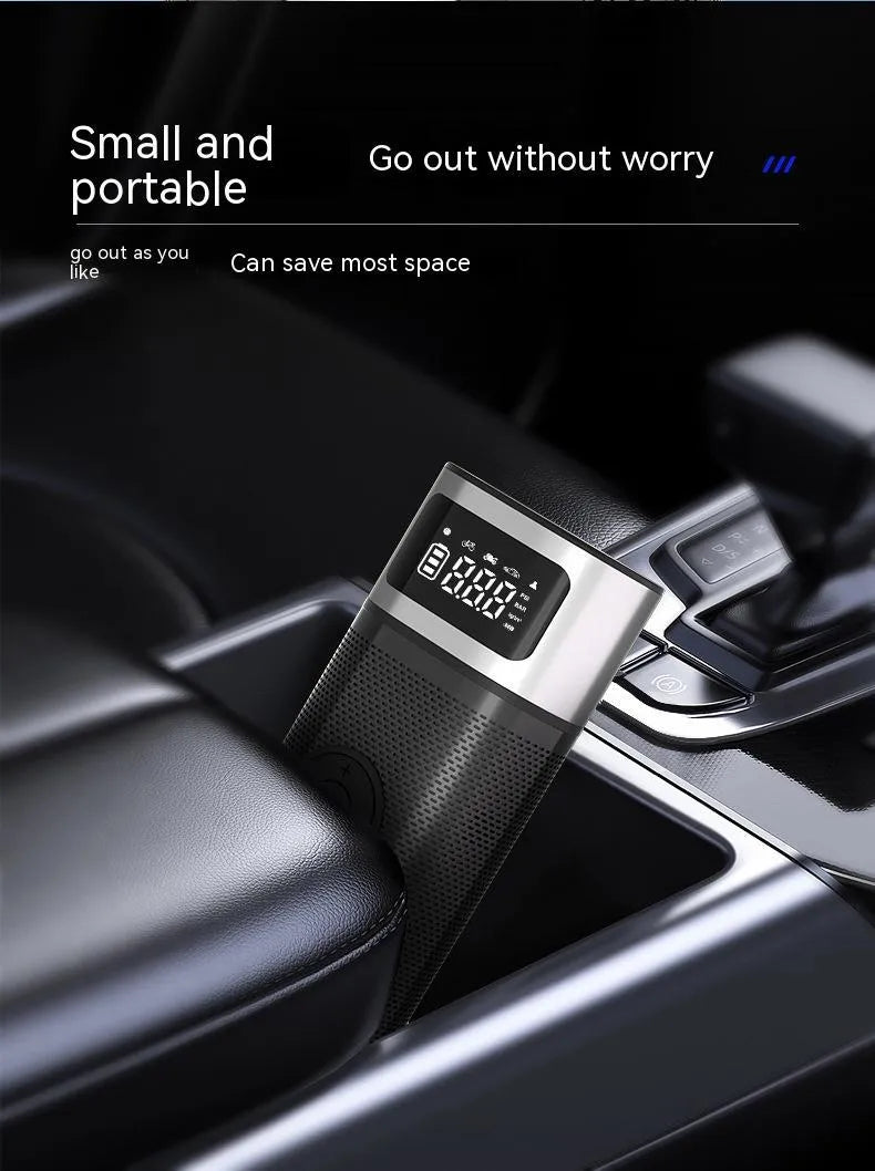 Black portable wireless car tyre air pump with LED light and USB charging cable