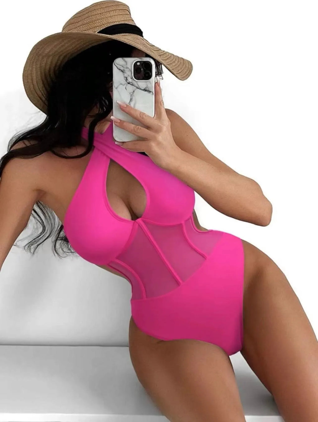 Women's black spun yarn one-piece swimsuit bikini on a mannequin