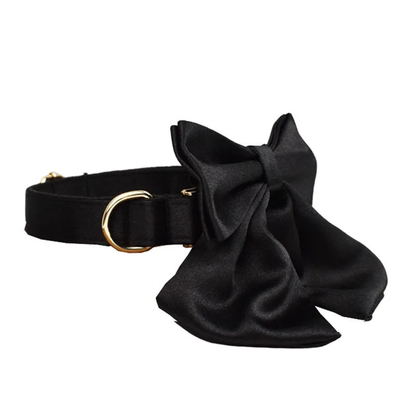 Soft cloth dog collar, leash, vest, and bow tie set shown in multiple colours for small to extra large dogs.
