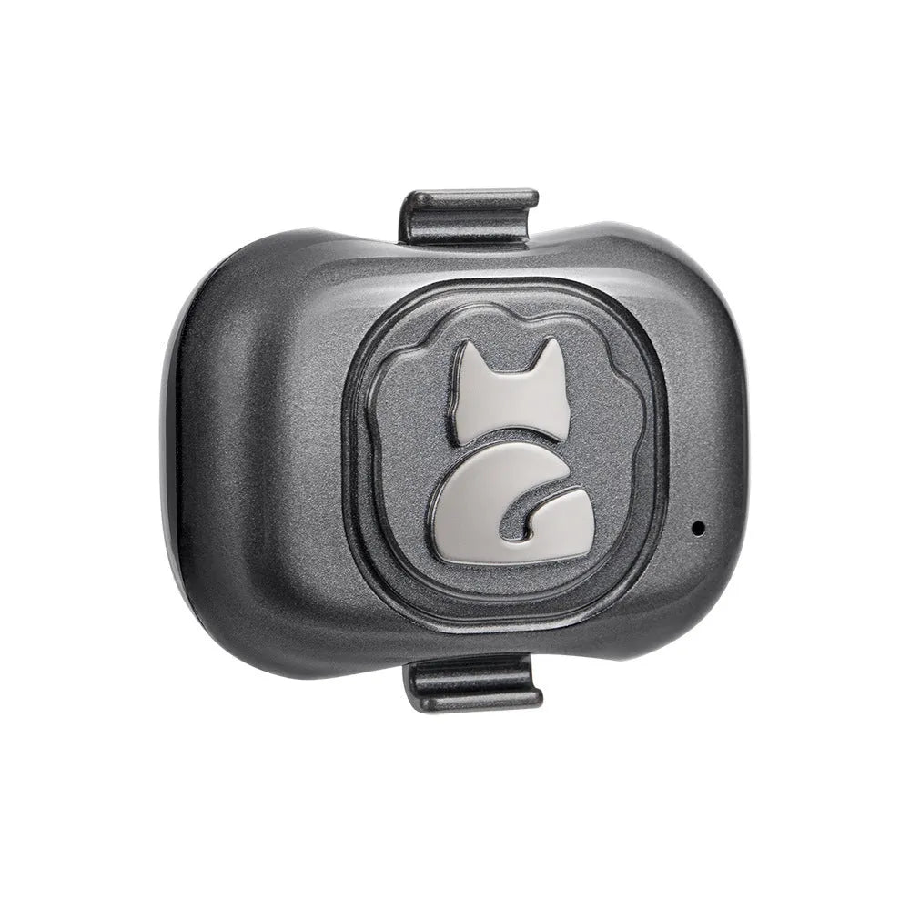 Black pet GPS tracker locator device with hanging rope attachment for dogs and cats