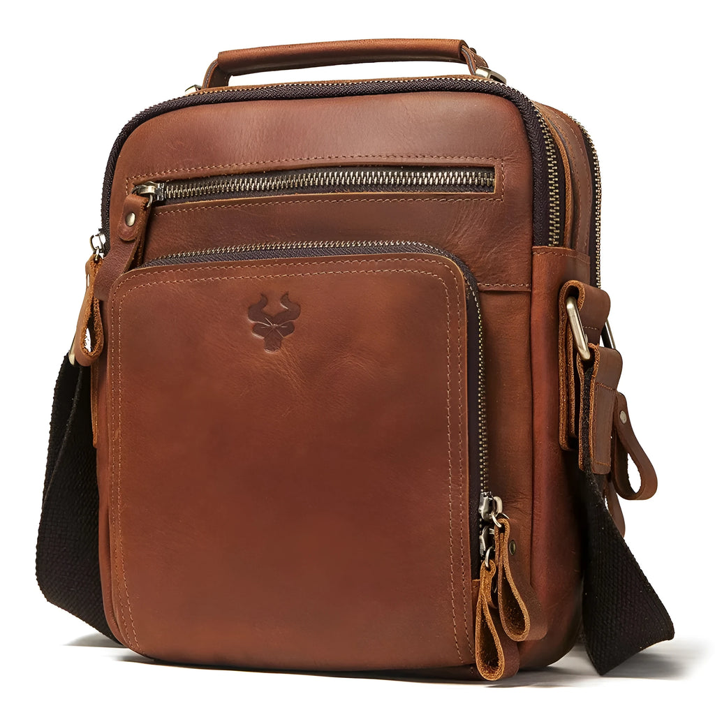 Men's brown Crazy Horse leather single-shoulder crossbody bag with retro styling and sewing line details