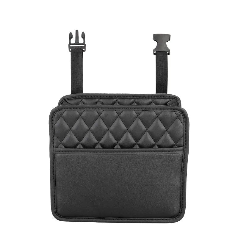 Black hanging leather car trash can with strap, shown mounted on a car seat.