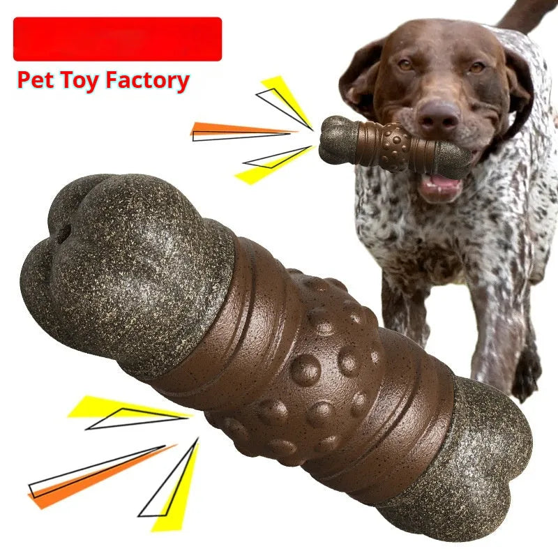 Wood colour plastic dog toy shaped like a bone with a textured molar rod, measuring 22 cm in length.