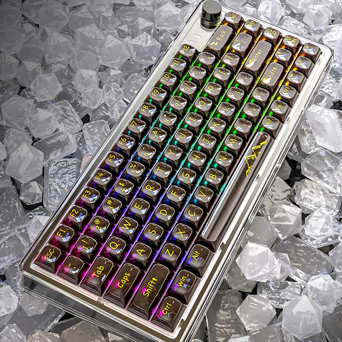 Attack Shark K75RGB wireless mechanical keyboard with transparent white case showing RGB lights and gasket mount.