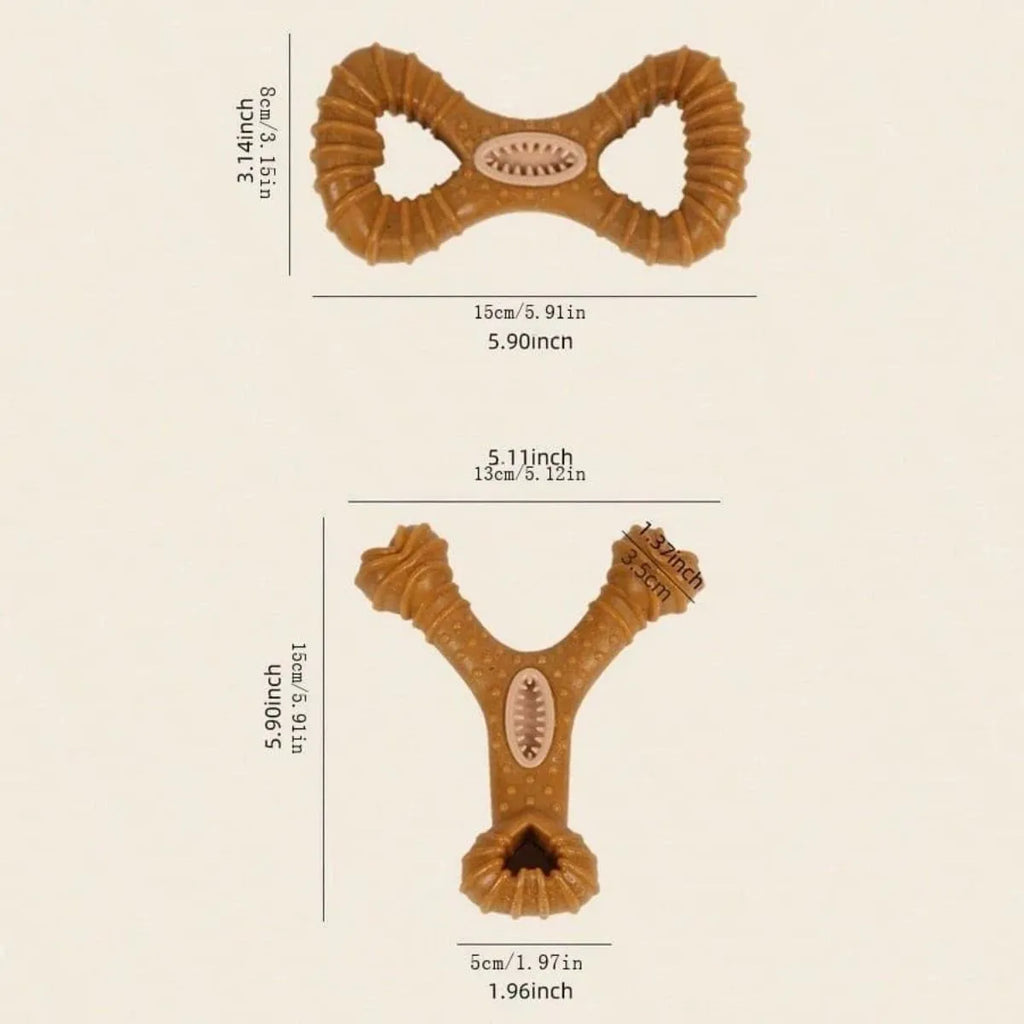 Durable nylon dog chew bone toy shown in eight shape and Y shape designs.