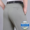 Men's straight-leg high-waist trousers in a mulberry silk blend fabric, shown in dark blue.
