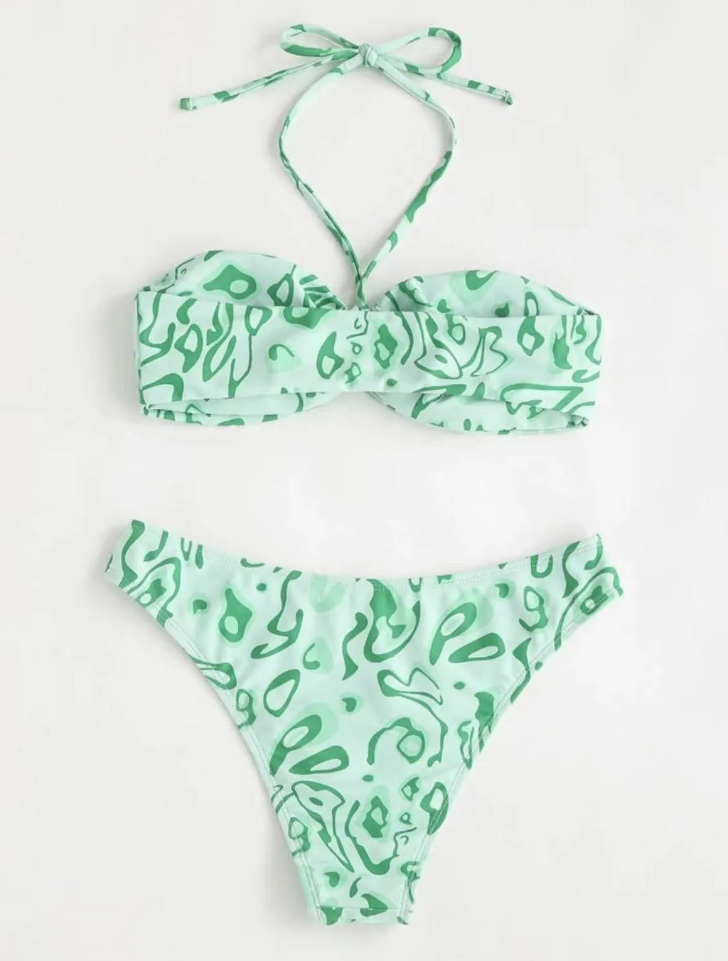 Women's green floral bandeau split swimsuit with triangle top and matching briefs