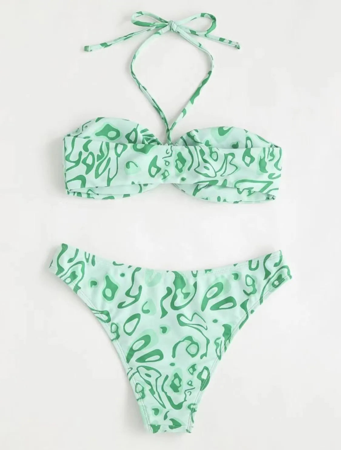 Women's green floral bandeau split swimsuit with triangle top and matching briefs