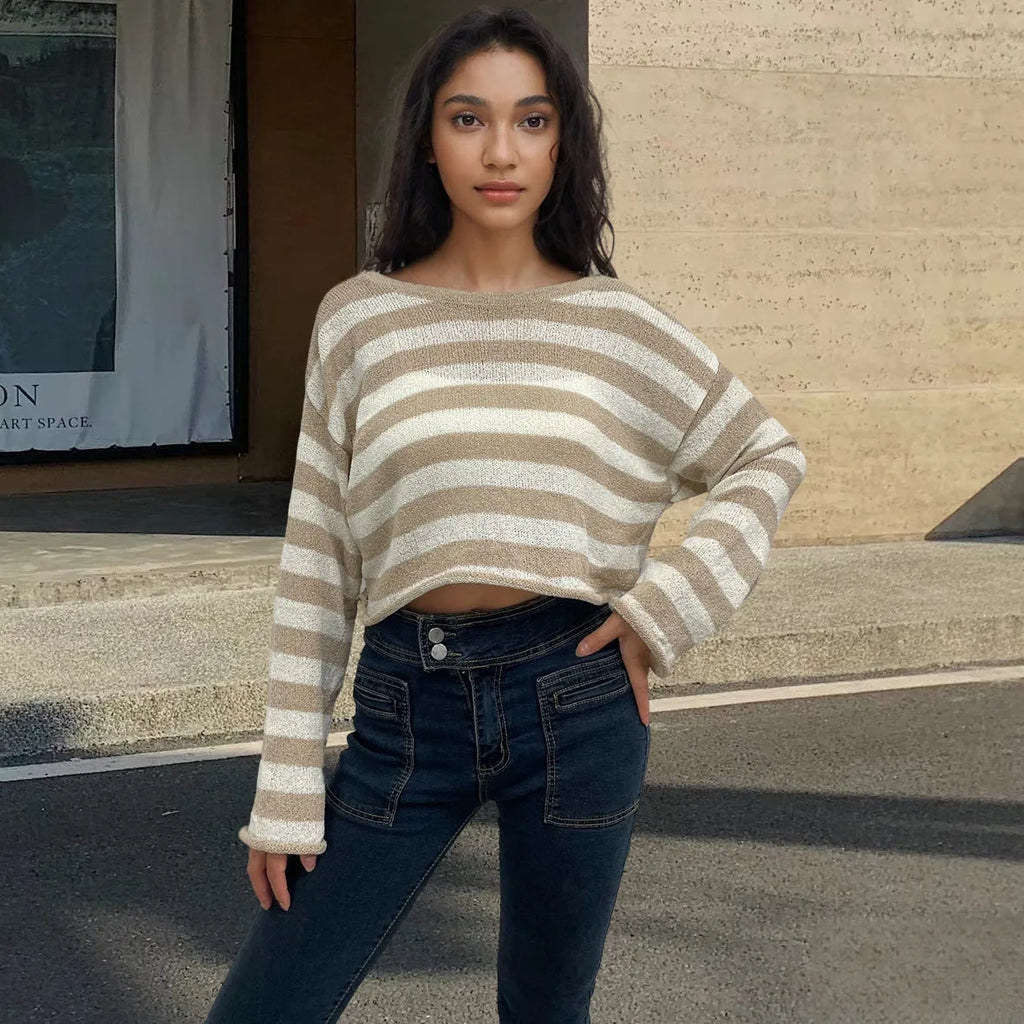 Reversible striped cropped sweater in mercerised cotton shown in blue colour.