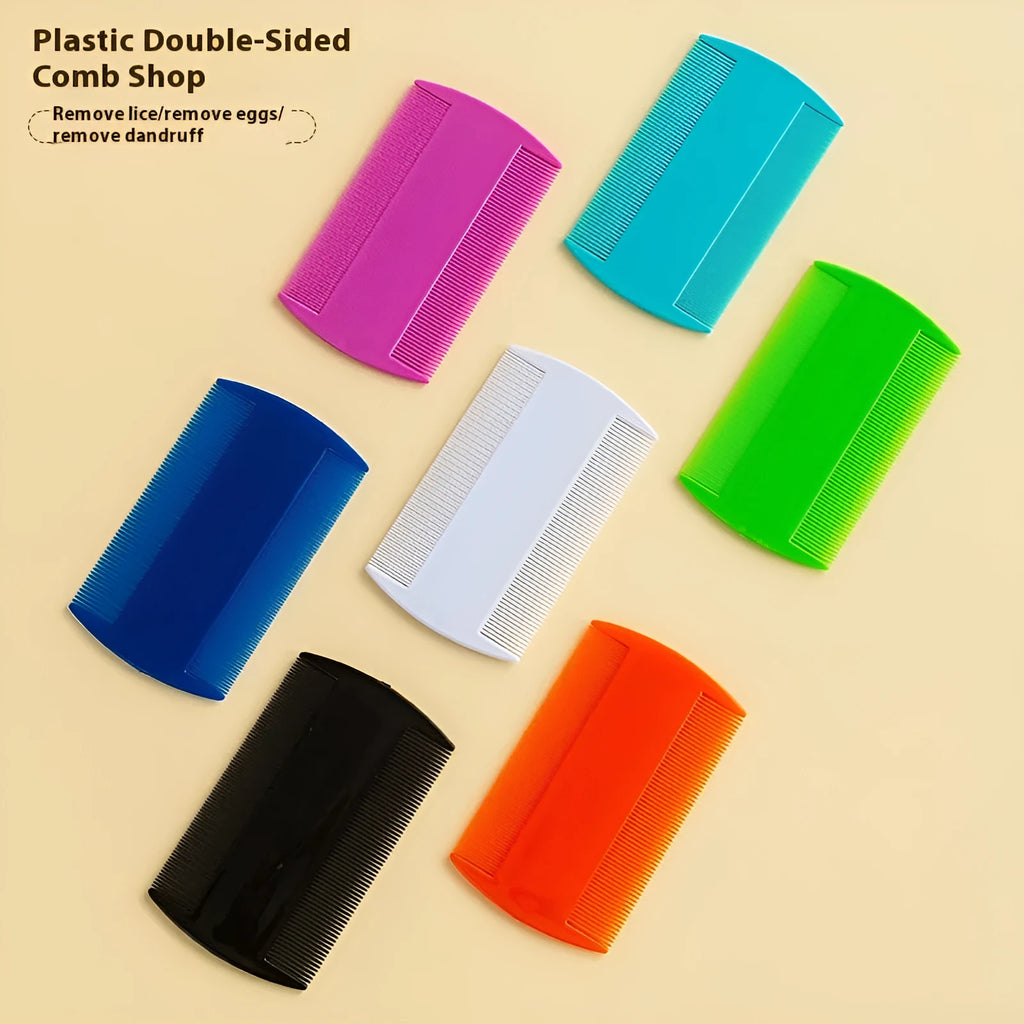 A white plastic double-edged fine-toothed lice comb on a solid colour background.