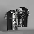 Black loose-fit short sleeve t-shirt with a vibrant 3D digital printed design on the front.