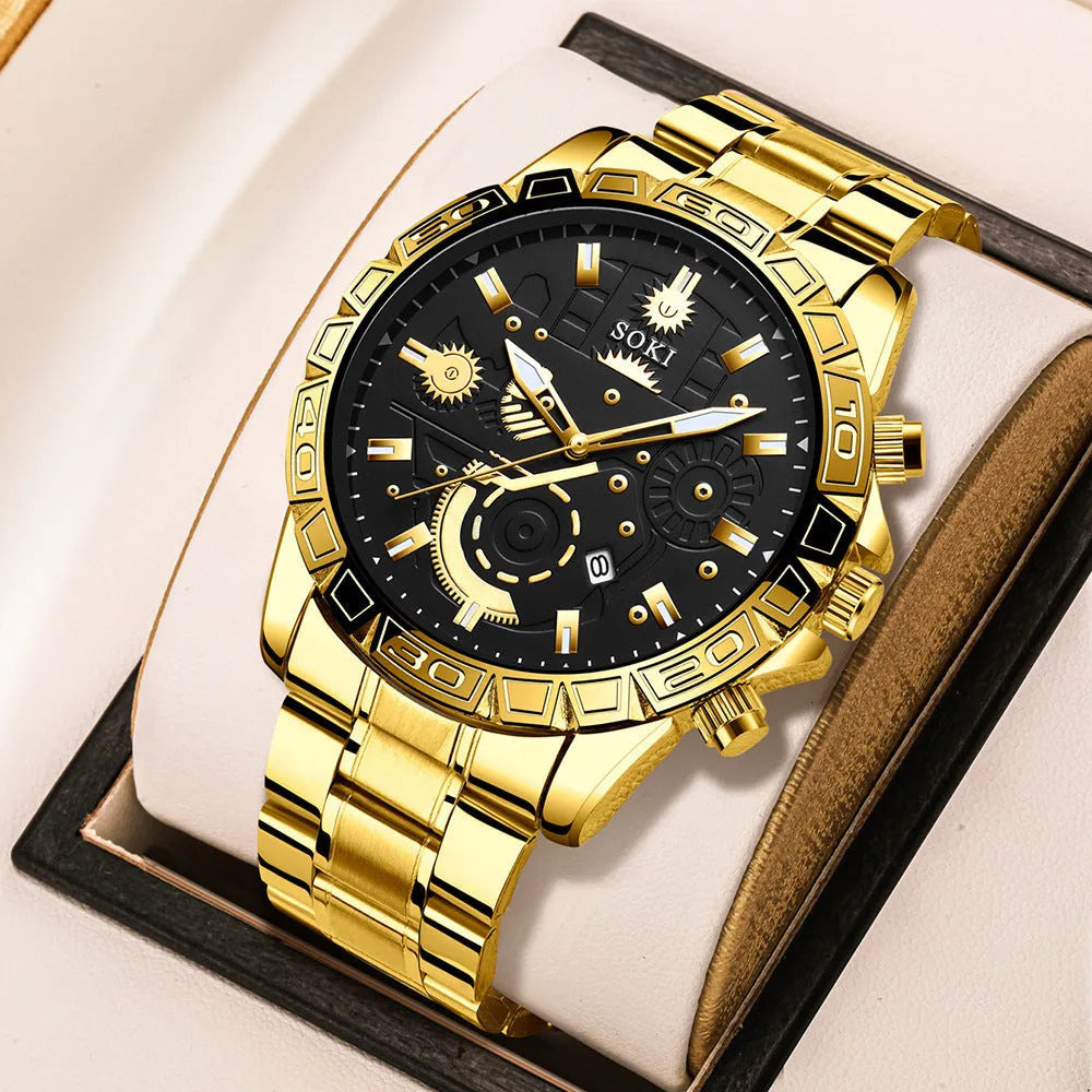 Gold men's business quartz watch with stainless steel strap and calendar display