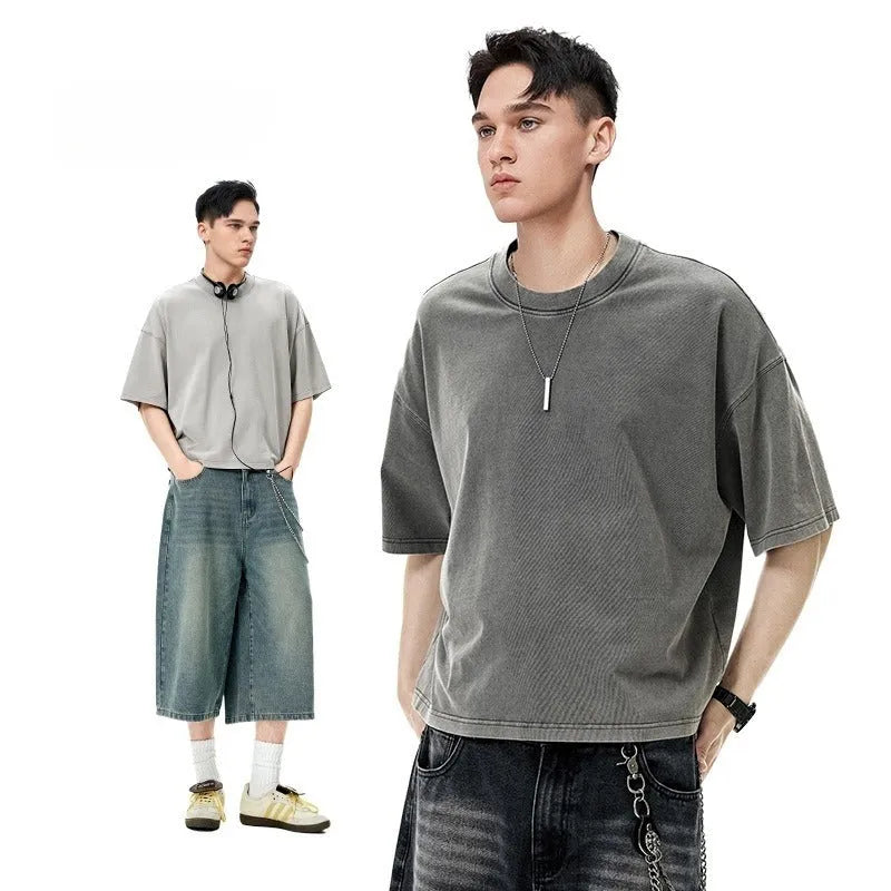 Men's washed-out vintage cotton T-shirt loose fit drop-shoulder sleeves khaki light colour