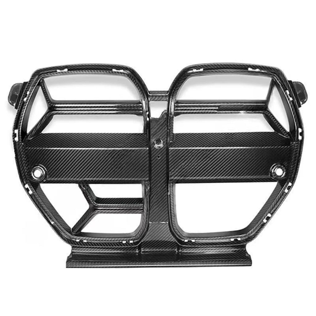 Black dry carbon fibre front bumper grille for BMW M3 M4 G80 G82 models showing 3K weave pattern.