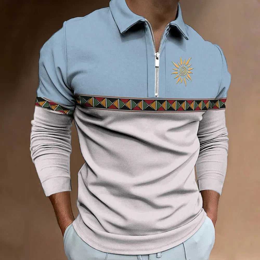 Man wearing a retro striped print long-sleeve t-shirt with zip decorations and a loose fit.