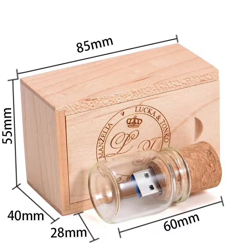 Wooden and transparent resin wish drift bottle design USB flash drive on white background.