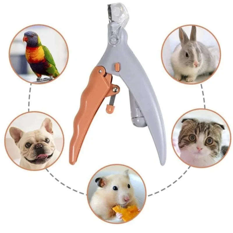 Yellow pet nail clipper with built-in LED light and magnifying glass on a white background.