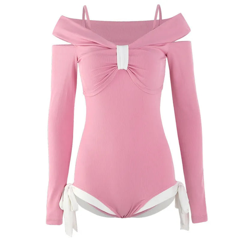 Women's long sleeve one-piece swimsuit in polyester fabric available in pink and black colours