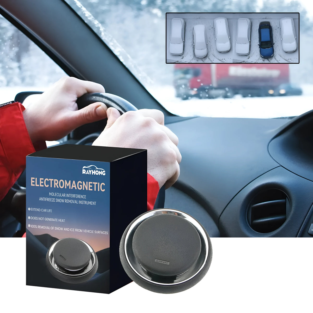 Black portable car deicing instrument for melting snow and ice on windscreens, measuring 7.4cm square