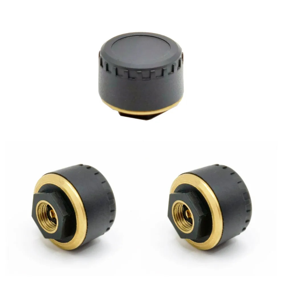 Four black wireless tyre pressure monitors with Bluetooth connectivity for car tyre pressure monitoring via mobile app