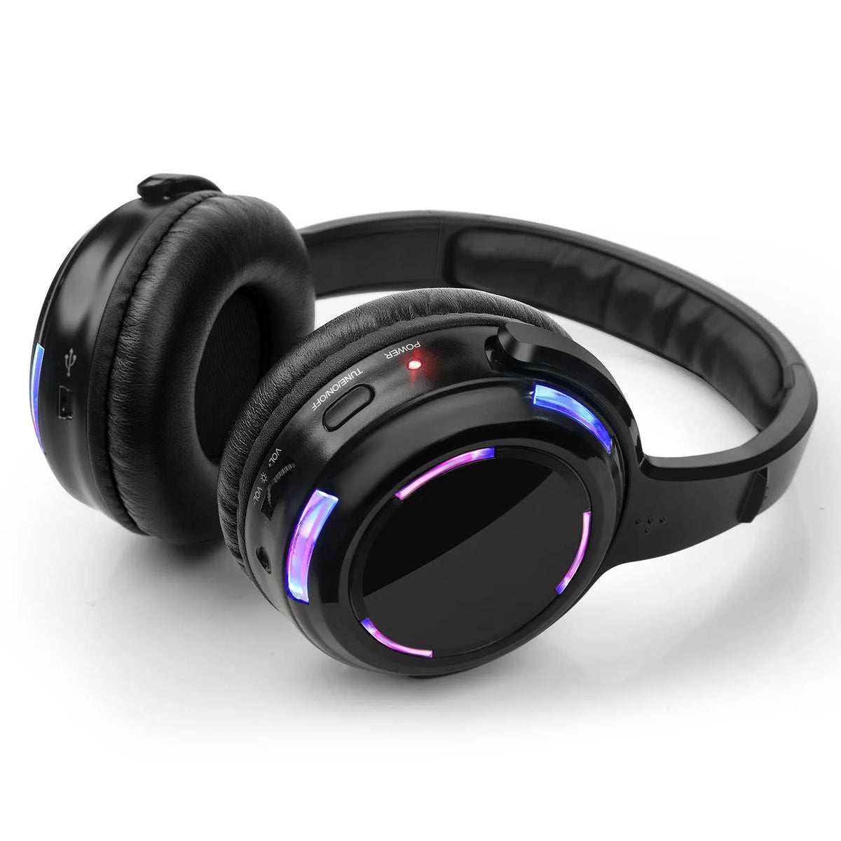 Black over-ear silent disco wireless headphones with a 3.5mm cable, shown on a head model.