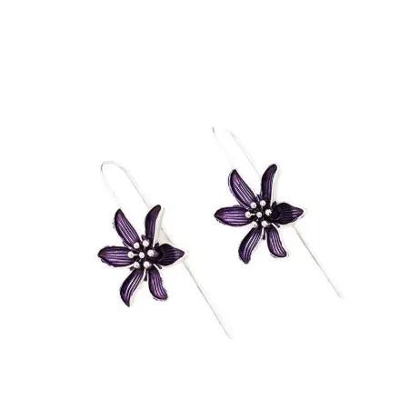 Purple floral alloy drop earrings with retro design on white background