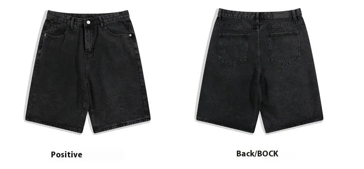 Men's light blue straight-leg denim shorts with five pockets and a zip fly on a mannequin.