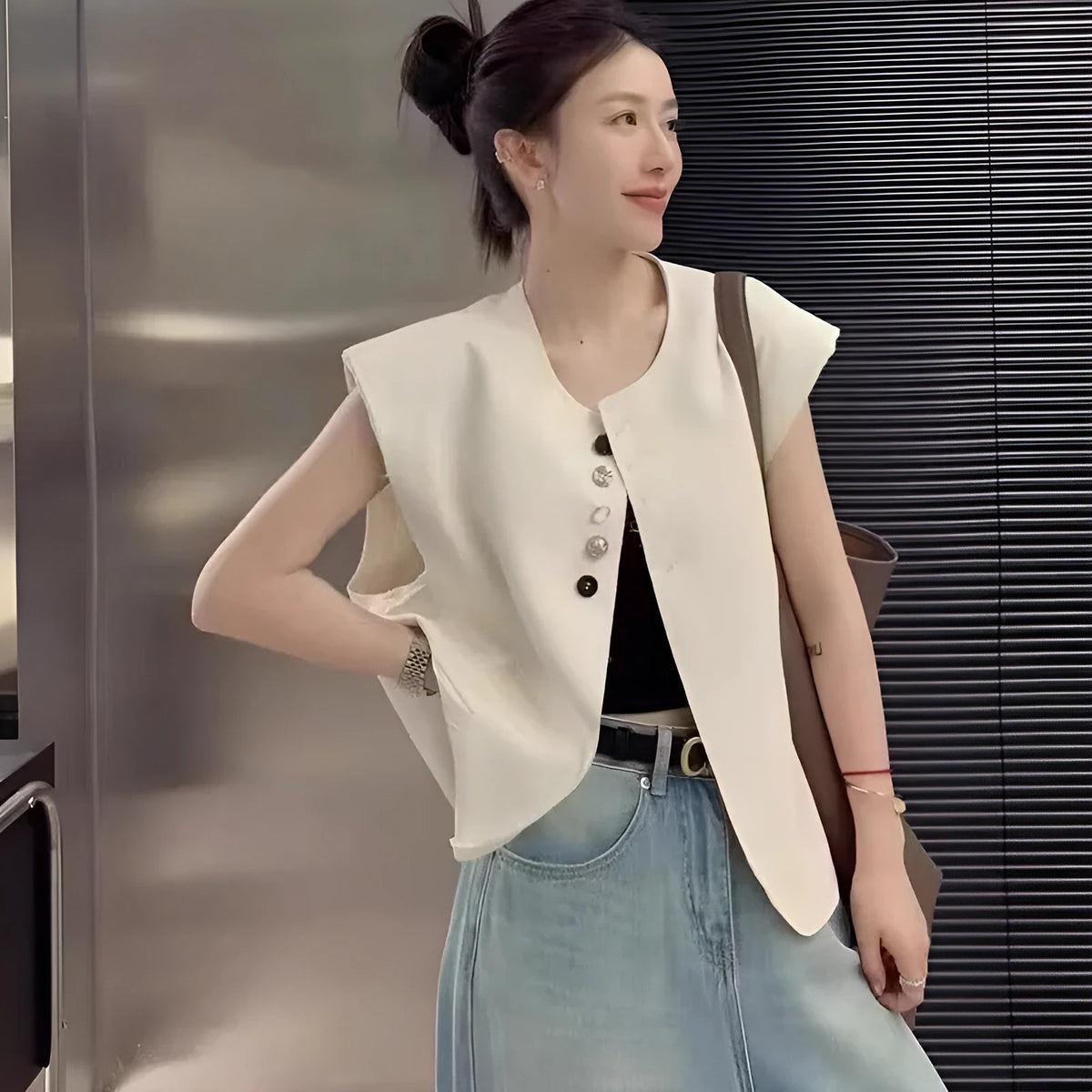 Women's loose-fit short vest in milky white with a chest pocket, shown on a hanger.