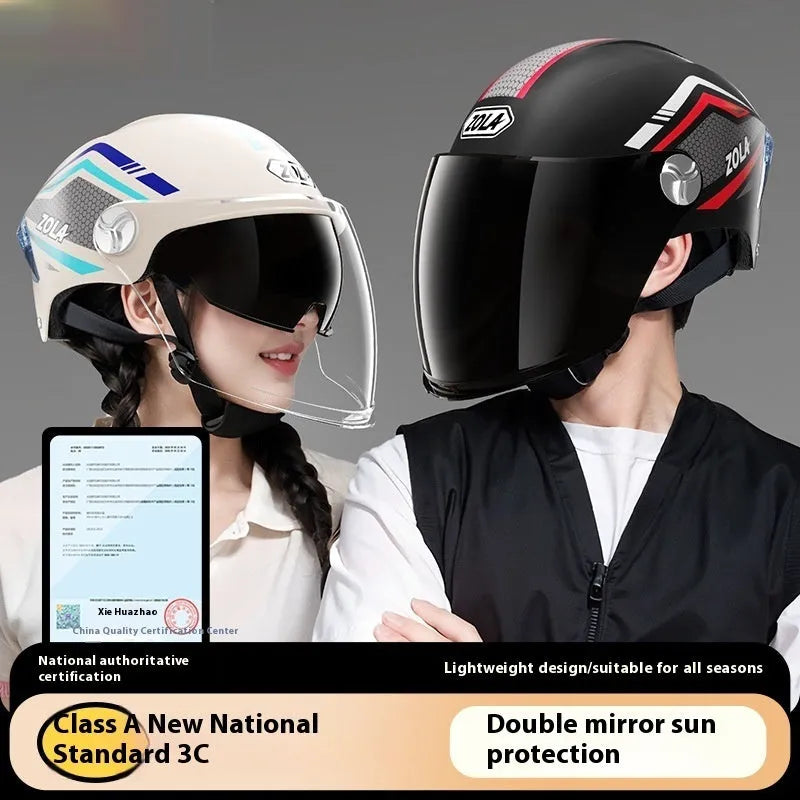 Children's 3C certified half helmet with double mirror sun visor in various colours including black brown khaki pink and white options