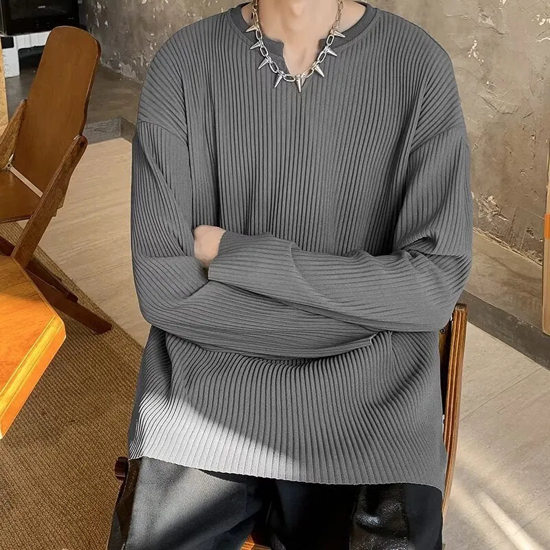 Plus size striped texture pullover top in loose fit with long sleeves