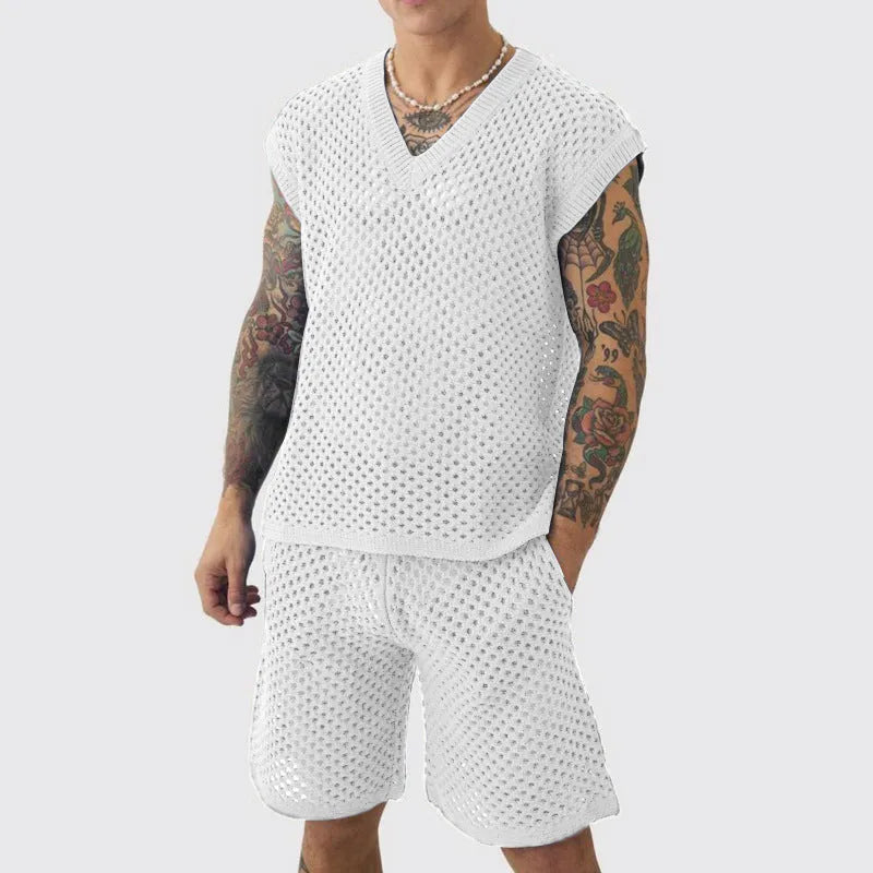 Men's blue V-neck knitted vest and matching shorts sports suit set for summer activities