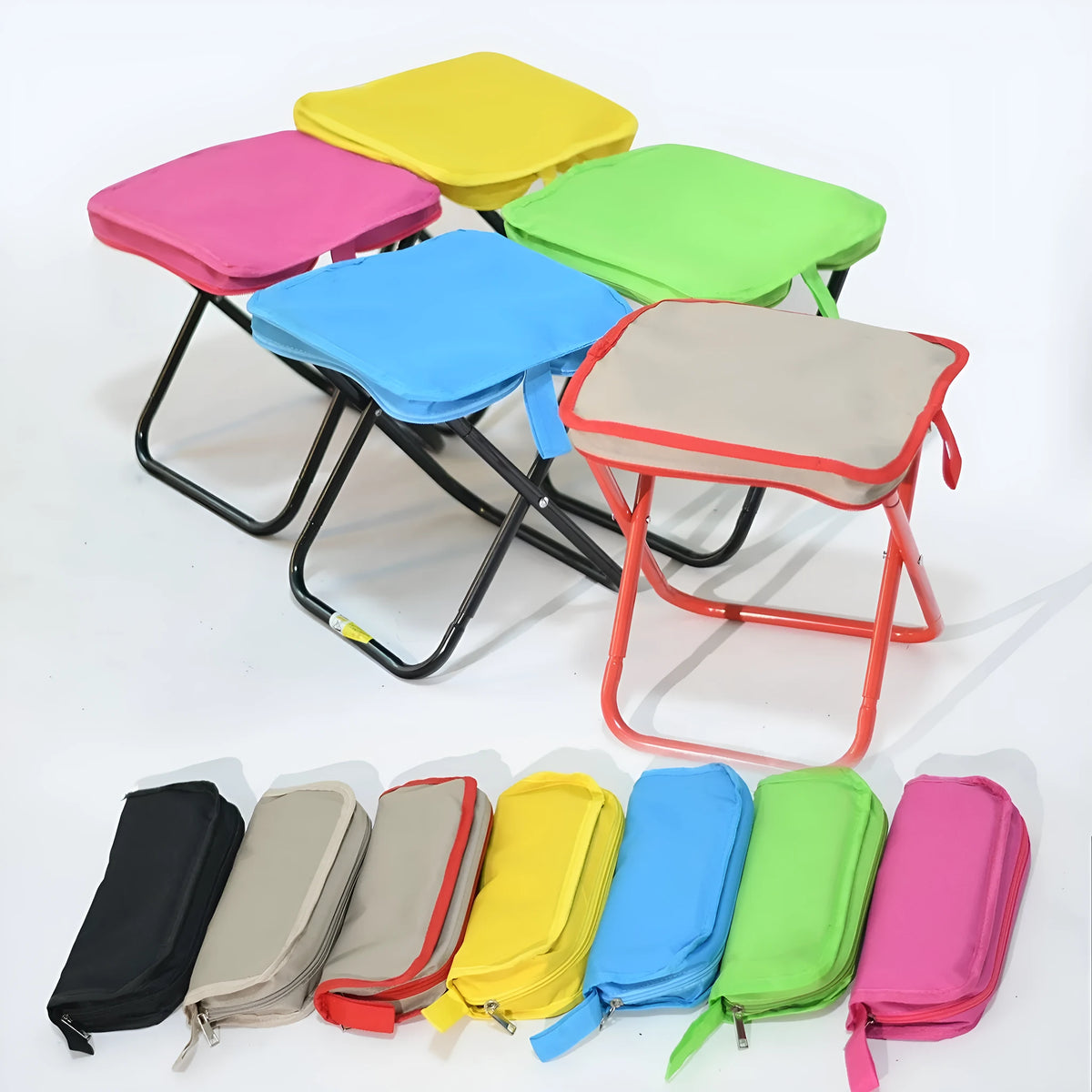 Foldable outdoor camp stool in Oxford cloth, shown in khaki colour, collapsed into its compact pencil box design.
