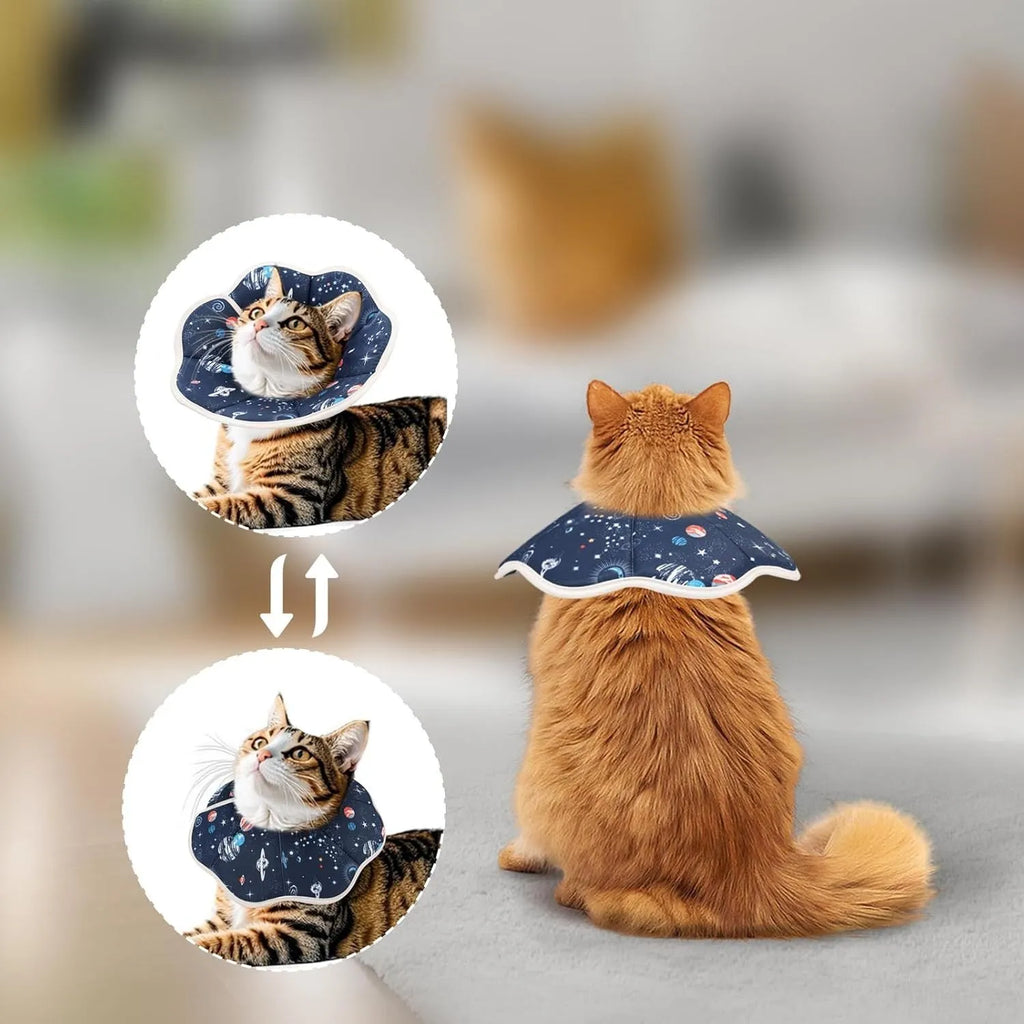 Soft adjustable fabric cat recovery collar cone in Constellation colour for post-surgery protection