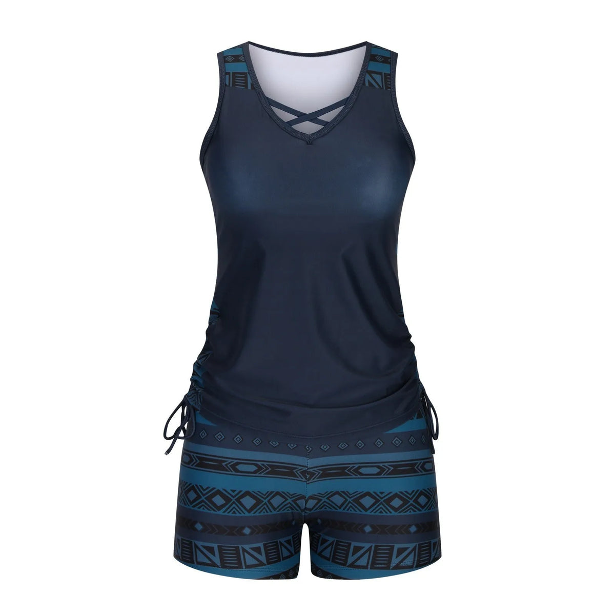 Women's blue printed lace two-piece swimsuit bikini shown on model, with floral pattern and briefs style.
